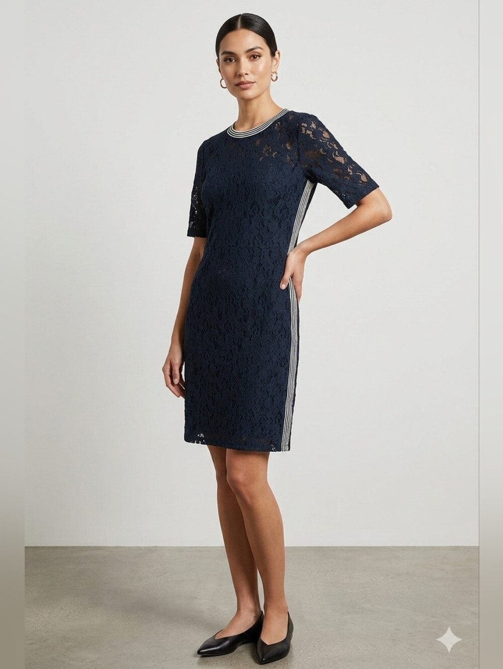Hope & Harlow Navy Lace Midi Dress Striped Contrast Trim Size 16